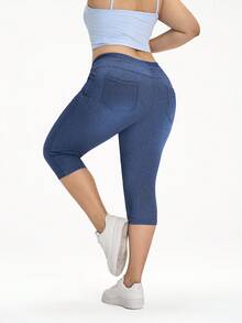 SHEIN FlexDen 大码女式休闲针织牛仔弹力腰七分裤 - 深色水洗藍 - 查看 2