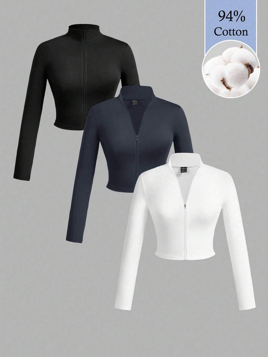 Slaydiva Set de 3 camisetas de manga larga con cuello en V, cremallera y ajuste ceñido, de estilo casual para otoño/invierno para mujer, en colores blanco + negro + gris