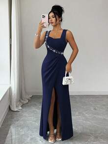 xheSHEIN Elenzya Vestido elegante y romántico para damas, con cuello cuadrado sin mangas, decoración de perlas en la cintura, plisado, abertura, ajustado, ligero, para fiesta y cóctel, con bajo de cola de sirenaxhe - Azul marino - Ver 7