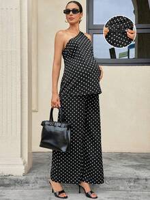 MaterniWear Bộ đồ bầu không tay chấm bi, vai lệch, kiểu dáng thường ngày, 2 món, thích hợp cho mùa hè. - màu đen - Xem 3