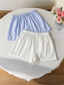 SHEIN 2pcs/Set Classic White & Blue Striped Shorts, Fashionable Color, Suitable For Outing And Travel - White - View 3
