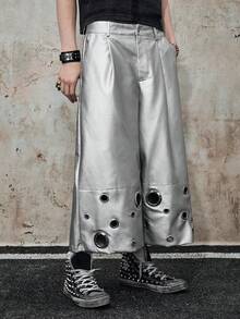 ROMWE MEN Street Life Men's Hip-Hop 7/10 Length PU Leather Shorts - Silver - View 4