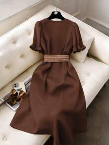 GlowEve Đầm midi cardigan cổ chữ V tay cánh hoa màu vàng bơ thanh lịch, thoải mái dành cho nữ, thêu họa tiết, thích hợp cho mùa xuân/hè. - màu nâu - Xem 2