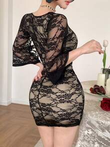 Đầm mini ôm sát gợi cảm bằng ren cổ chéo dành cho nữ, thích hợp cho mùa hè. - màu đen - Xem 6
