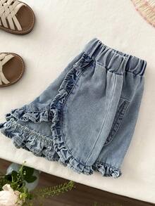SHEIN LMoss Kids 女婴蓝色夏季休闲荷叶边松紧腰牛仔短裤 - 藍色 - 查看 5