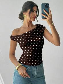 Firerie Blusa asimétrica elegante con pliegues, blusa retro de lunares, adecuada para vacaciones, salidas casuales, viajes vintage - Marrón - Ver 3