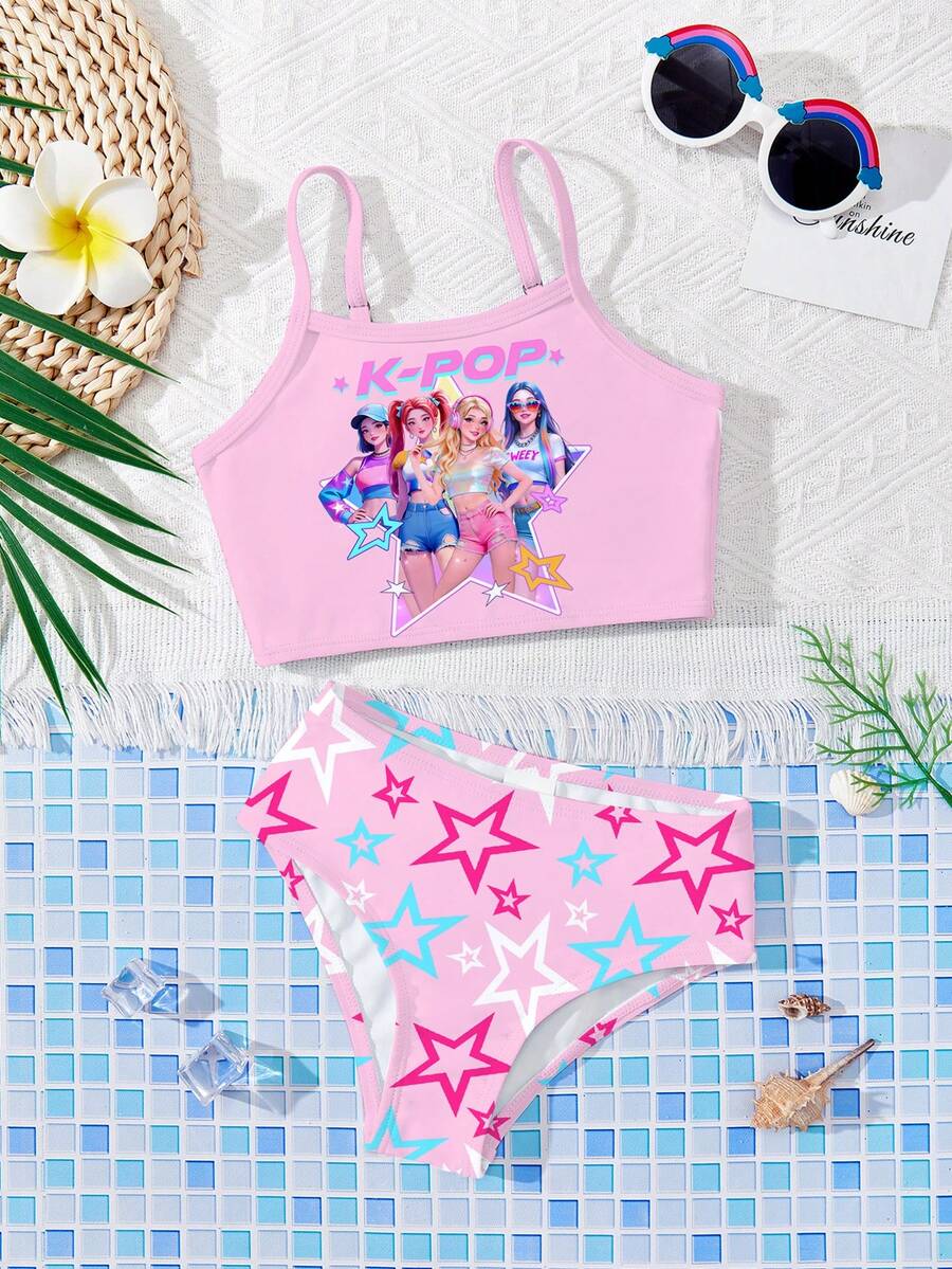 SHEIN Baju Renang Grup Gadis K-Pop Superstar Muda dengan Motif Cetak, Set Atasan Camisole dan Bawahan Segitiga, Cocok untuk Pantai Musim Panas - MultiWarna - View 1
