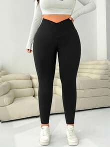 Solflare Plus Size Women Solid Color Casual Versatile Daily Wear Leggings Tummy Control Leggings Yoga Pants Stretchable Pants For Women Leggings For Women Plus Size Leggings - Black - View 7