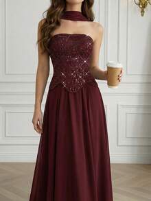 Modelyn Đầm dài tay đính sequin sang trọng, đầm dạ hội cao cấp dành cho tiệc chiêu đãi. - Màu Đỏ Sâu - Xem 3