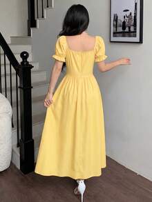 Glamine Charm Đầm maxi nữ thắt eo, tay phồng, phối ren hoa, họa tiết hoa. - Màu vàng - Xem 3