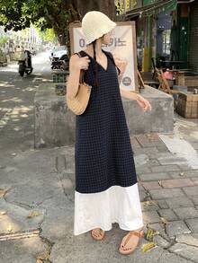 DAZY Women's Plaid V-Neck Sleeveless Mid-Length Dress Sun Dresses For Women Summer Golf White Basic Sexy - Black - View 6