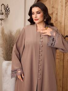 SHEIN Najma Plus Size Women's Contrast Lace Long Sleeve Single-Breasted Abaya - Coffee Brown - View 8