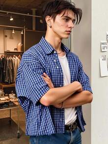 Manfinity Dauomo Men's Front Button Plaid Casual Short Sleeve Shirt, Everyday Wear - Blue - View 4