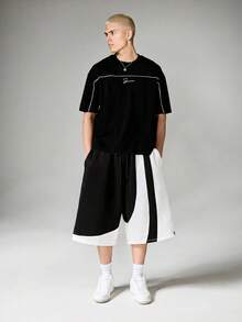SUMWON 撞色篮球短裤侧边拼接设计运动风休闲夏季服饰 - 黑與白 - 查看 5