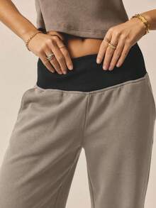 Aralina Contrast Ribbed Wide Waistband And Wide Leg Baggy Track Pants - Dark Grey - View 3