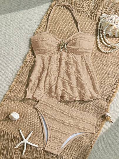 SHEIN Tween Girls' Summer Beach Vacation Knit Jacquard Metallic Starfish Decor Halter Tankini Swimsuit