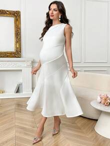 SHEIN Maternity Solid Color Asymmetrical Shoulder Fitted Minimalist Design Elegant Summer Dress - White - View 10