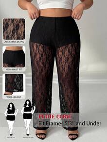 SHEIN PETITE CURVE 大码纯色蕾丝拼接弹力腰休闲裤 - 黑色 - 查看 2