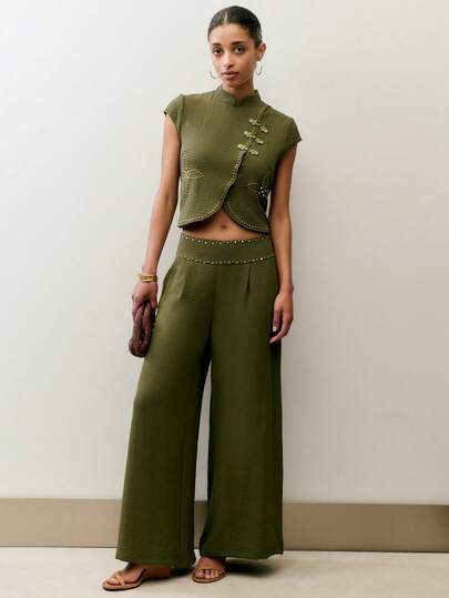 Nöista 阔腿裤，腰部饰有铆钉，完美适用于晚宴、活动、时尚日常穿着、泳池边的午后时光、海边漫步、度假之旅、音乐节、假日装扮、泳池边造型、春季、日落造型和海滩装扮。