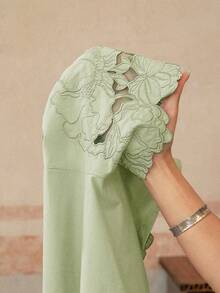 Anewsta Women's Embroidered Lace Short Sleeve Blouse, Elegant Hollow-Out Floral Design - Green - View 8