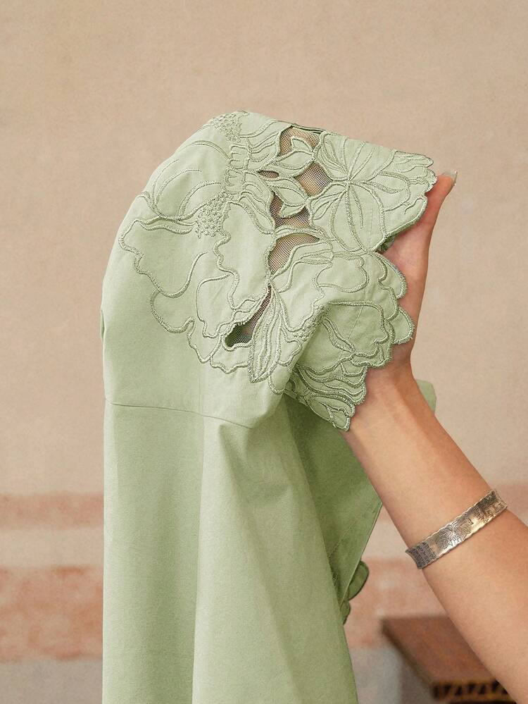 Women's Embroidered Lace Short Sleeve Blouse, Elegant Hollow-Out Floral Design