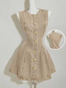 SHEIN MOD Đầm ngắn không tay bằng vải denim dành cho nữ, kiểu dáng ôm vừa vặn, màu xanh dương. - Màu Khaki - Xem 1