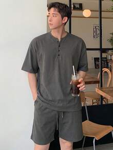 DAZY 男士短袖衬衫和短裤两件套，半开领，纯色，夏季 - 深灰色 - 查看 3