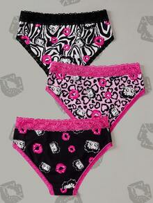 Betty Boop x SHEIN Quần lót cạp thấp in hình hoạt hình viền ren - màu đen - Xem 2