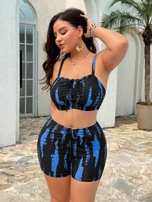 Swim Lushoire Conjunto de bikini de talla grande para mujer con estampado tie-dye, cordón y drapeado para vacaciones - Multicolor - Ver 6