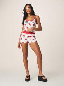 Missguided x Playboy 星形印花吊带背心和短裤套装，两件套，红白图案，适合节日、夏季、睡衣、家居服，七月四日 - 彩色 - 查看 5