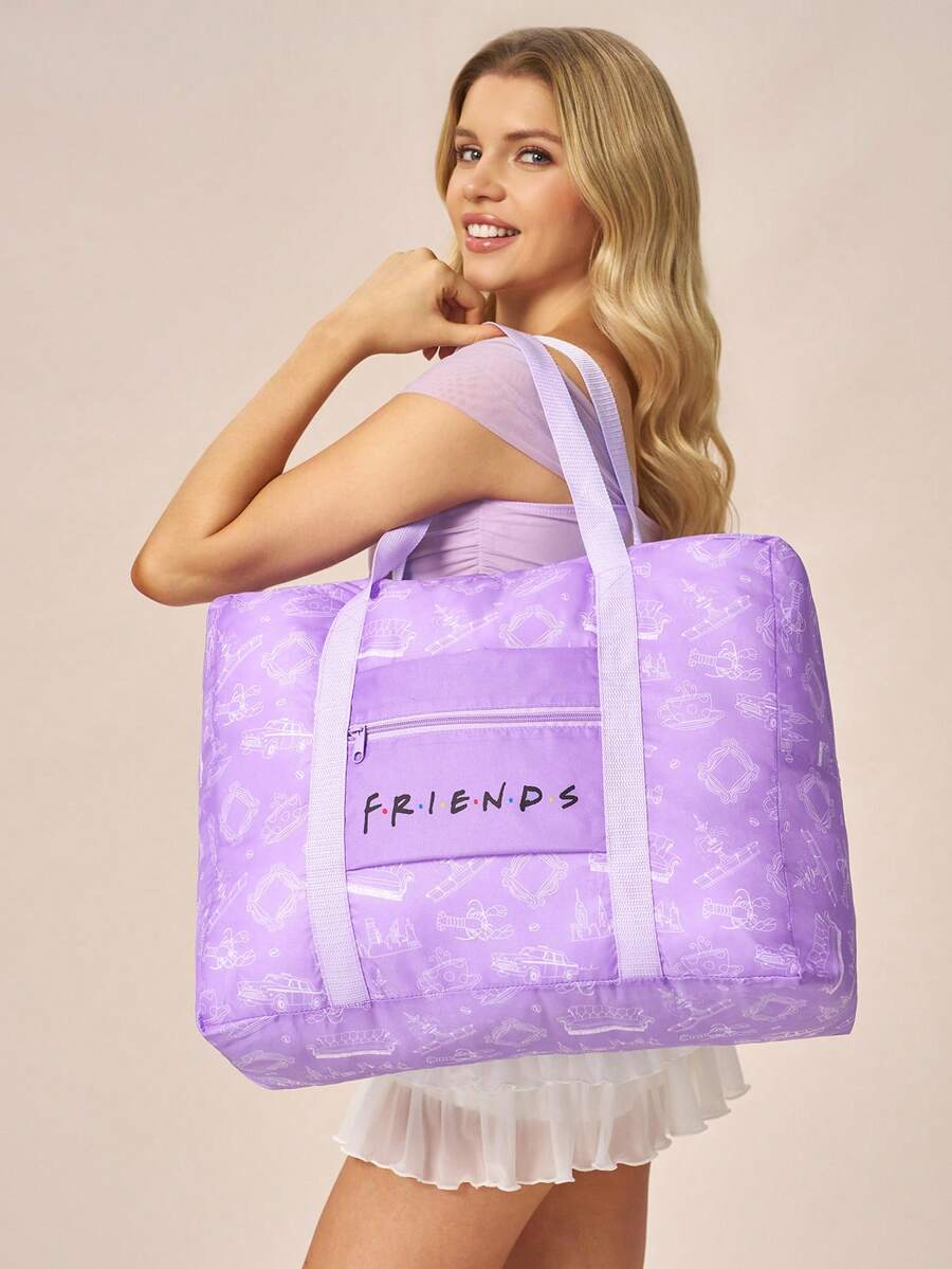 FRIENDS X SHEIN 1. 可爱的卡通人物图案,可收纳旅行包、沙滩包,适合通勤、运动、休闲、郊游,大容量,男女老少皆宜,学生适用,可固定在普通行李箱拉杆上,亦可作为友谊相框使用。 - 紫色 - 查看 1