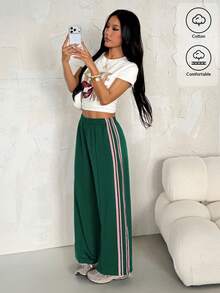 SHEIN PETITE Women's Casual Contrast Striped Wide Leg Sweatpants Pants For Summer - Green - View 11
