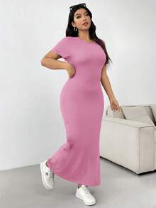 SHEIN EZwear 女士夏季纯色圆领短袖不对称下摆休闲长连衣裙，粉色 - 粉色 - 查看 4