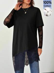SHEIN Tall 黑色秋季優雅日常女款上衣，蕾絲袖口與下擺設計，寬鬆版型，適合冬季、聖誕節、晚宴或新年穿著 - 黑色 - 查看 6