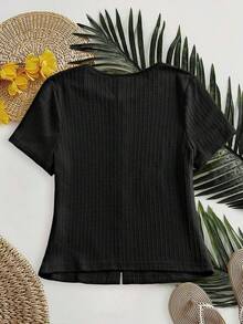 SHEIN Essnce 大码女装春夏时尚休闲弹力舒适日常百搭显瘦浅黄色纹理面料短袖T恤，曲线可爱上衣，夏季穿搭，外出上衣 - 黑色 - 查看 2