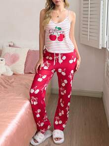 SweetSlumber Sweet & Cute Striped Cherry Color Block Camisole Women Pajama Set - Multicolor - View 4