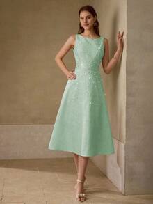 MOTF PREMIUM ROSE JACQUARD DIAMOND EMBELLISHED ELEGANT SLEEVELESS MIDI DRESS - Aqua Green - View 6