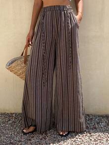 DAZY 女士系带腰条纹阔腿宽松休闲裤 - 咖啡棕 - 查看 4