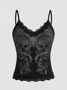 ROMWE Fairycore Women's Solid Color Lace Patchwork Crystal Decor Camisole Top - Grey - View 4