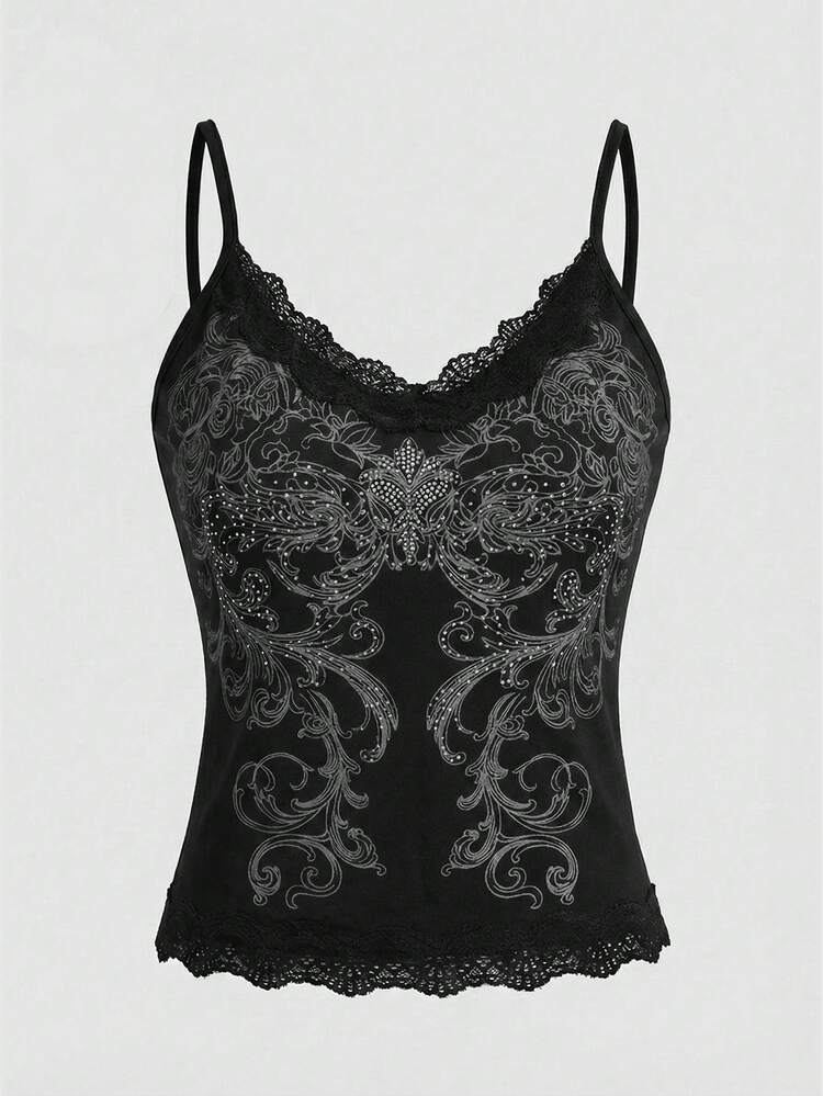 Fairycore Women's Solid Color Lace Patchwork Crystal Decor Camisole Top - Grey - View 4