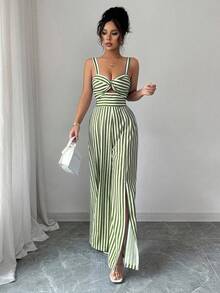 Elenzga Women's Striped Fashionable Versatile Front Knot Slit Leg Jumpsuit - Army Green - View 5