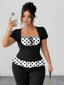 Elenzga 大码女式极简时尚系带白色底黑色波点拼接黑色弹力修身短袖T恤 - 黑色 - 查看 8
