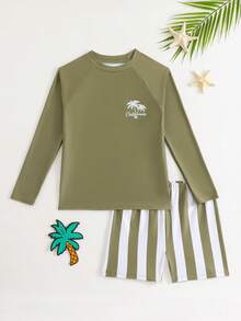 SHEIN Tween Boys 2-Piece Swimwear Set,Olive Green,Summer,Funny,Vacation,Holiday Long Sleeve Rashguard With Palm Tree Print & Striped Swim Trunks,Beach Pool - Dark Green - View 3