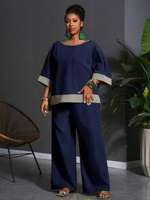 Slaydiva Plus Size Women's Navy Blue Contrast Color 3/4 Sleeve Top And Wide Leg Pants Set,Casual Workwear For Autumn,Nomadic Style Birthday Party & Holiday - Navy Blue - View 6