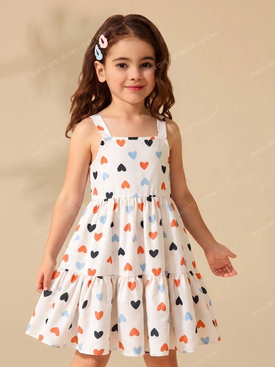 SHEIN Vestido casual de verano sin mangas con patrón de corazón lindo para niña/niñas jóvenes - Multicolor - Ver 1