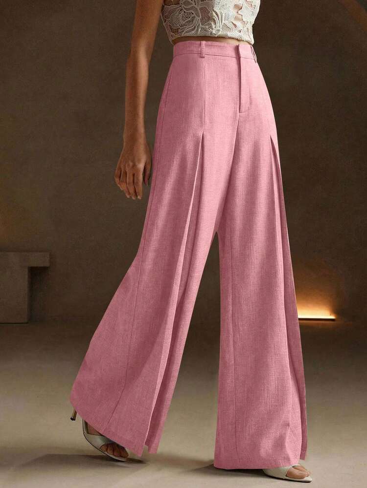 Women's Pleated Design Wide Leg Relaxed Fit Elegant Dress Pants