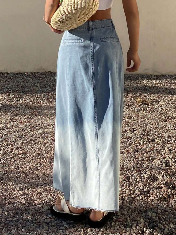 Faded Gradient Western Cowgirl A-Line Long Casual Vacation Denim Skirt For Women, Spring/Summer