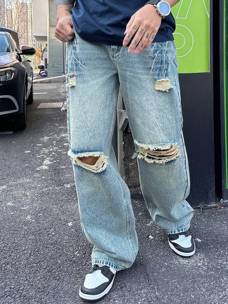 Men's Distressed Washed Denim Jeans, Spring/Summer