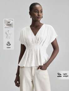 Ontre Blusa de lino para mujer, de alta calidad, con tejido arrugado y amigable con la piel, silueta ajustada, hombros caídos, manga corta, cuello en V, detalle de fruncido en la cintura, elegante y casual para vacaciones, de estilo vintage y minimalista, lujosa, versátil y adecuada para uso urbano, oficina, viajes y todo el año. - Blanco - Ver 1