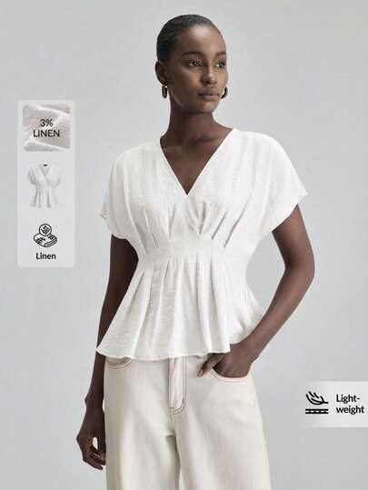 Ontre Linen Women's Comfortable Skin-Friendly High-Quality Crinkle Fabric Fitted Silhouette Drop Shoulder Short Sleeve V-Neck Waist Ruched Detail Chic Vacation Casual Low-Key Vintage High-End Cruise Wear Middle East Minimalist Luxurious Feel Essential Outfit Fashion Business Casual Urban Wear Office Attire Urban Commute High-Quality Airport Wear All-Season Versatile Clothing Vacation Series Women Top Bohemian Style Vacation Outfits Seaside Women's Clothing,